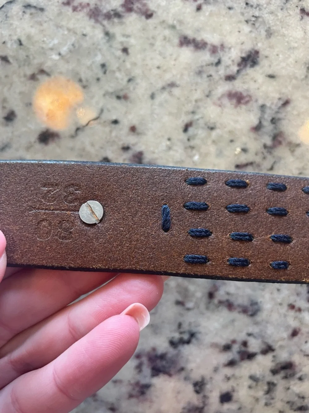 Brown Leather Belt with Green/blue Stitching and Decorative Conchos 32 - Picture 4 of 9